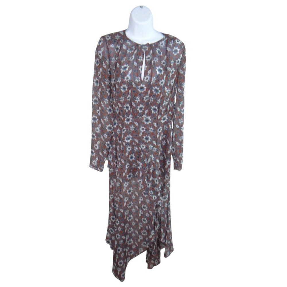 Veronica Beard Rust Blue Floral Keyhole Handkerchief Hem Midi Dress Size 2